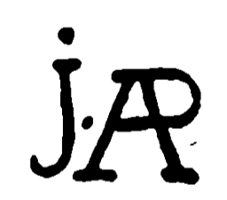 Marchio ceramica manifattura Aprey (fabbrica di faience, lettere A P), Jarry (iniziale J, artista/decorator attivo ad Aprey nel XVIII secolo), Aprey, XVIII